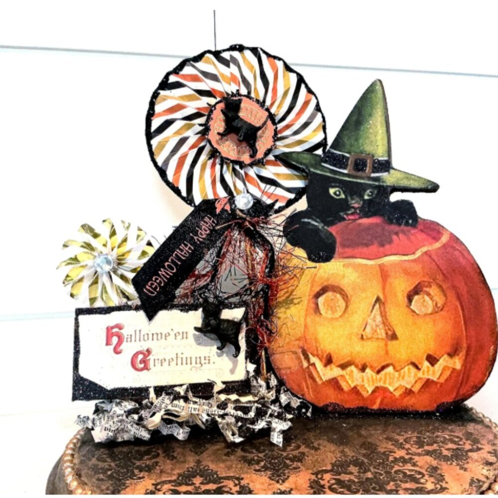 Happy Halloween Centerpiece:Mischievous black cat emerging from Jack O'Lantern